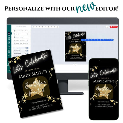 Birthday party invitation design software with invitations on a computer screen, phone, and paper.