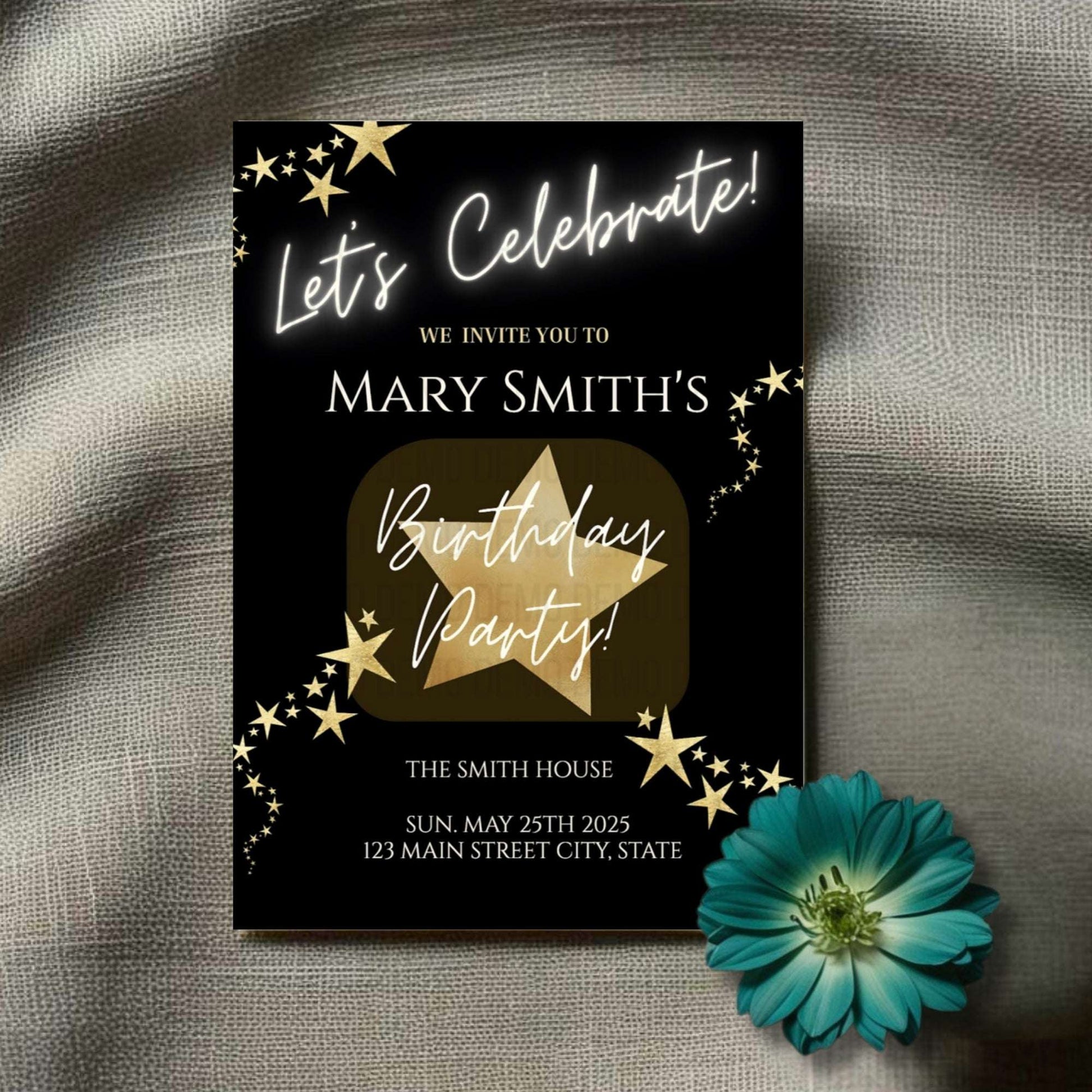 Birthday party invitation with gold star design on a textured surface with a blue flower.