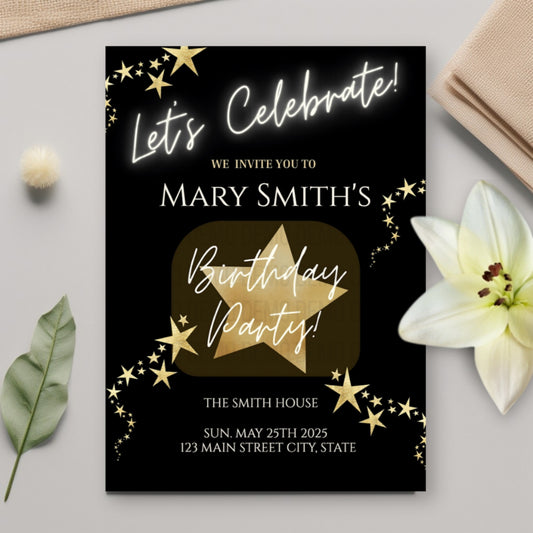Birthday party invitation with gold stars on a black background, placed on a light surface with decorative elements.