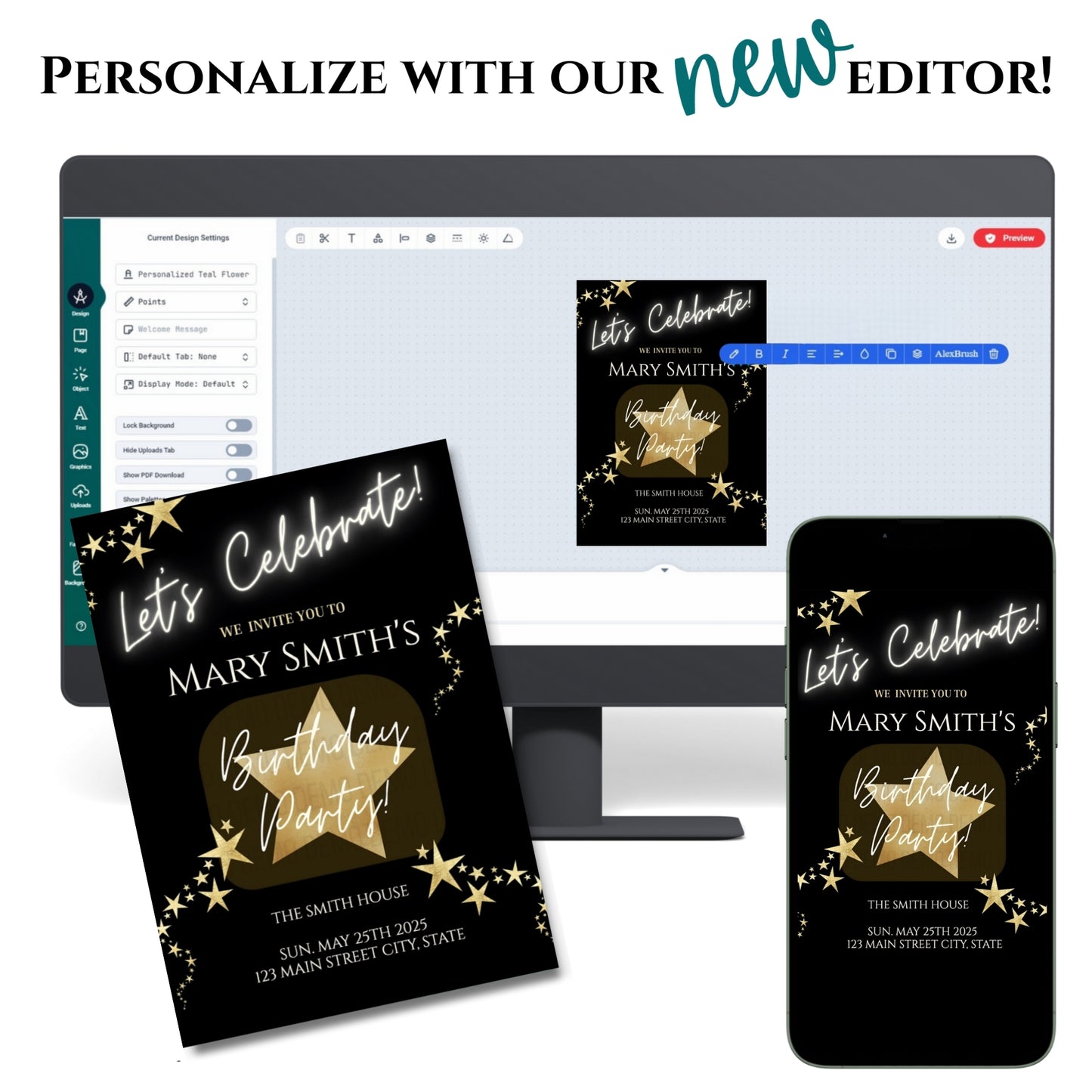 Birthday party invitation design software with invitations on a computer screen, phone, and paper.