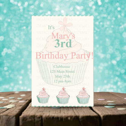 Personalized Green-Pink Cupcake Birthday Invitation – Editable Template
