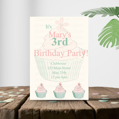 Personalized Green-Pink Cupcake Invitation
