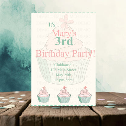 Personalized Green-Pink Cupcake Invitation
