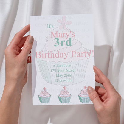 Personalized Green-Pink Cupcake Birthday Invitation – Editable Template