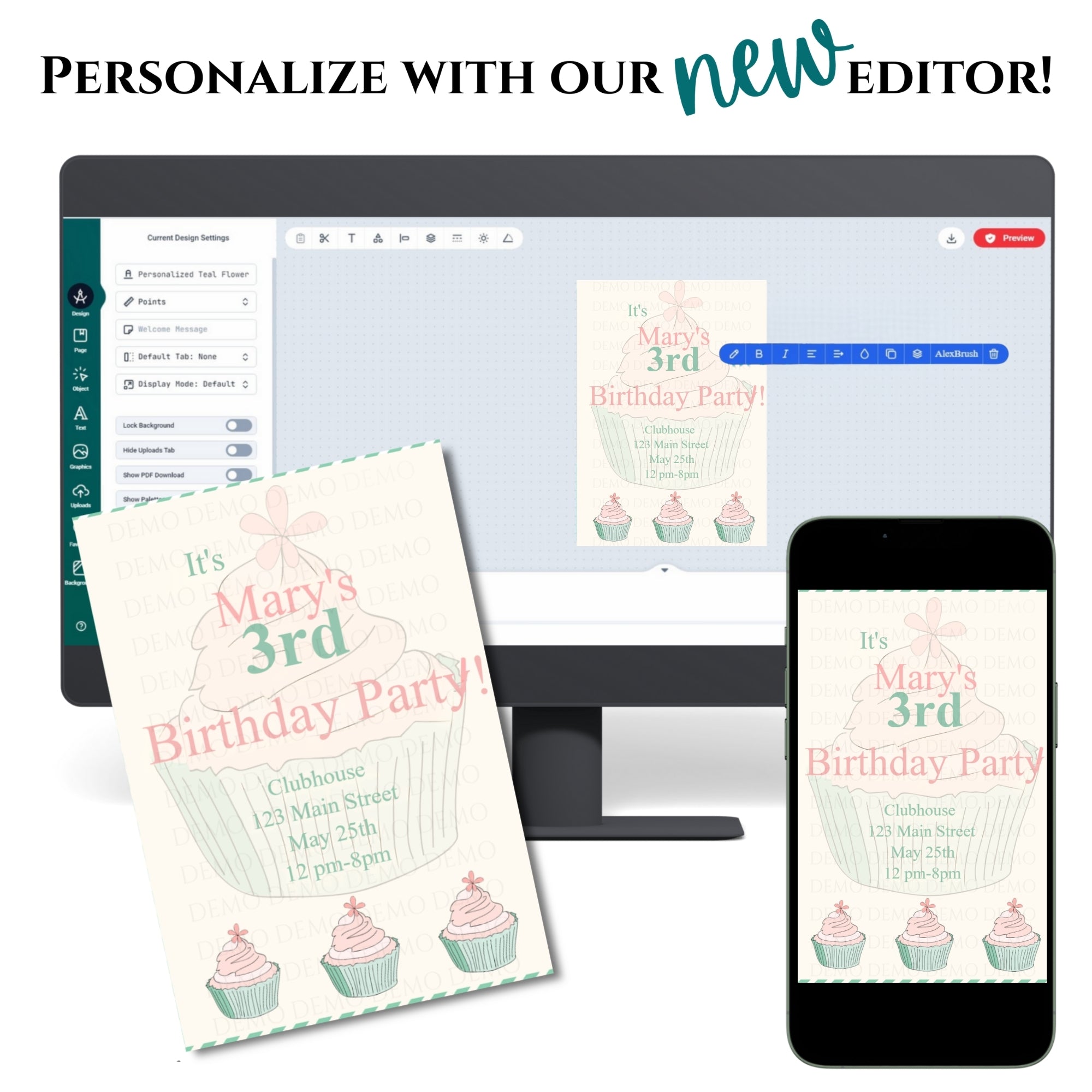 Personalized Green-Pink Cupcake Invitation