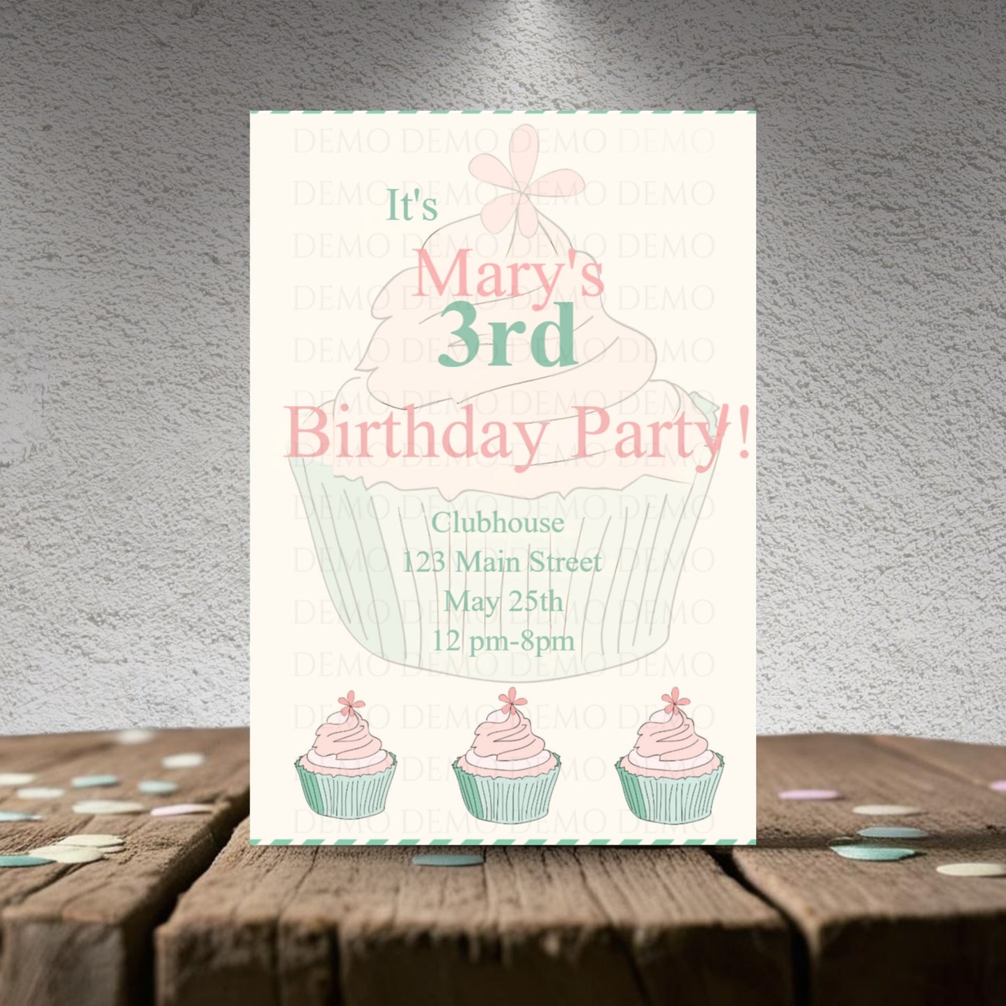Personalized Green-Pink Cupcake Invitation