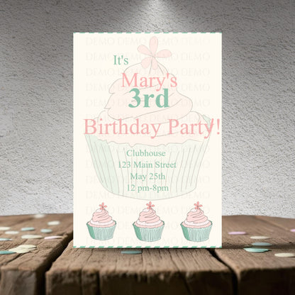 Personalized Green-Pink Cupcake Invitation