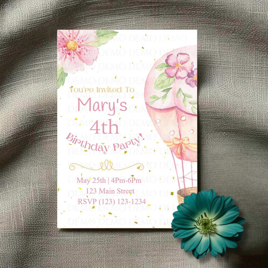 Birthday party invitation with pink balloons and flowers on a textured surface with a teal flower.