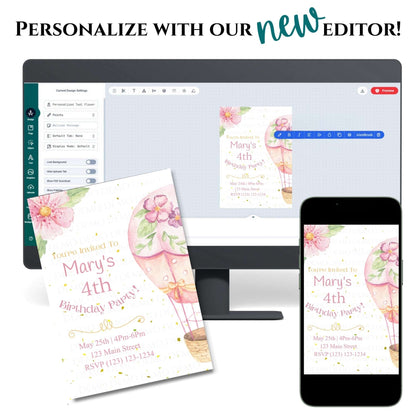 Digital editor for creating personalized birthday invitations on a computer screen, phone, and paper.