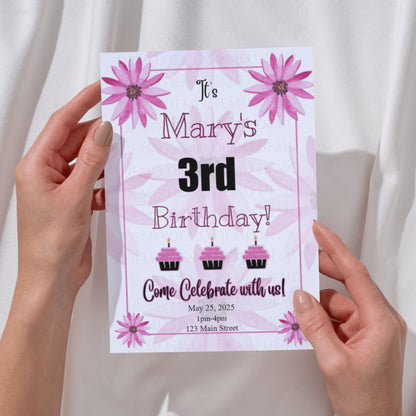 Personalized Hot Pink Flower Birthday Invitation