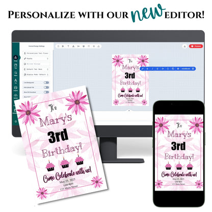 Personalized Hot Pink Flower Birthday Invitation