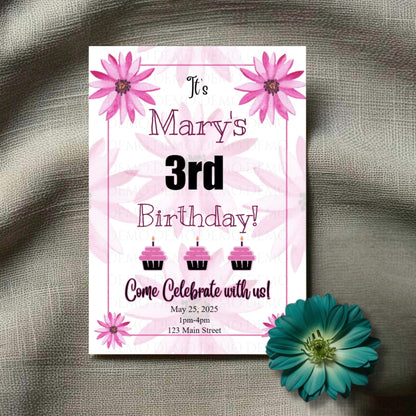 Personalized Hot Pink Flower Birthday Invitation