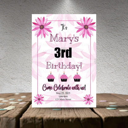 Personalized Hot Pink Flower Birthday Invitation
