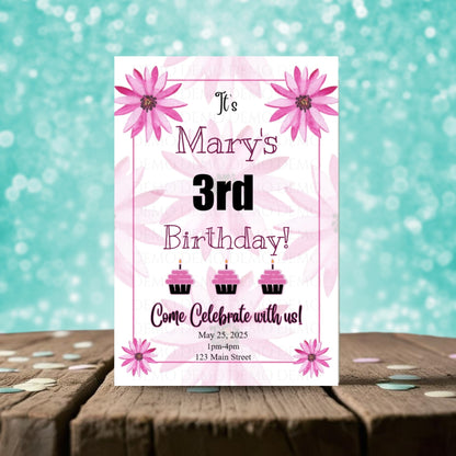 Personalized Hot Pink Flower Birthday Invitation