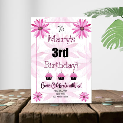 Personalized Hot Pink Flower Birthday Invitation