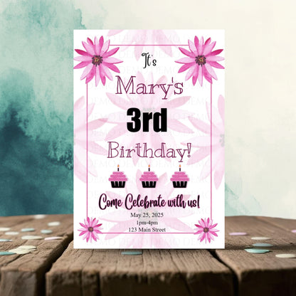 Personalized Hot Pink Flower Birthday Invitation