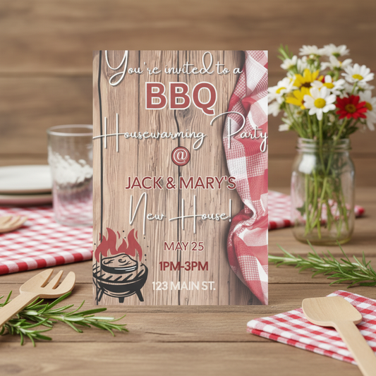 BBQ housewarming party invitation on a wooden table with tableware and flowers.