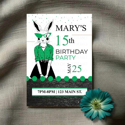 A personalized birthday invitation card with an illustration of a green bunny character, dots pattern background, and text inviting to Mary's 15th birthday party.