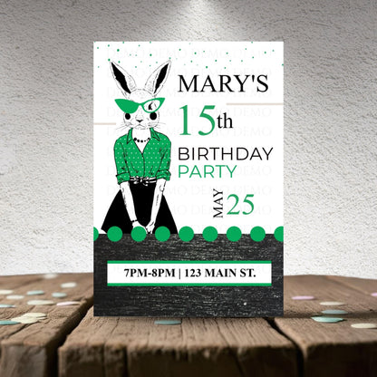 Personalized Milestone Green Bunny Invitation