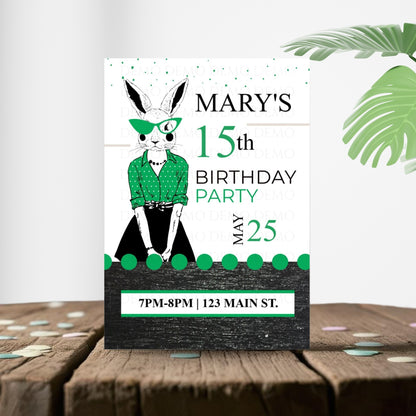 Personalized Milestone Green Bunny Invitation