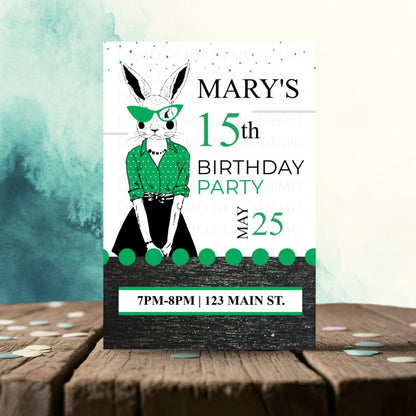 Personalized Milestone Green Bunny Invitation