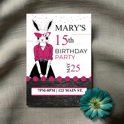 Personalized Milestone Pink Bunny Birthday Invitation