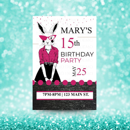 Personalized Milestone Pink Bunny Birthday Invitation