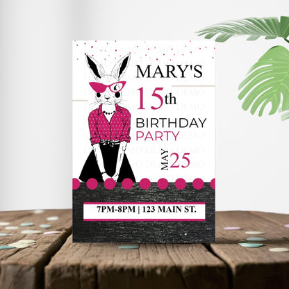 Personalized Milestone Pink Bunny Birthday Invitation