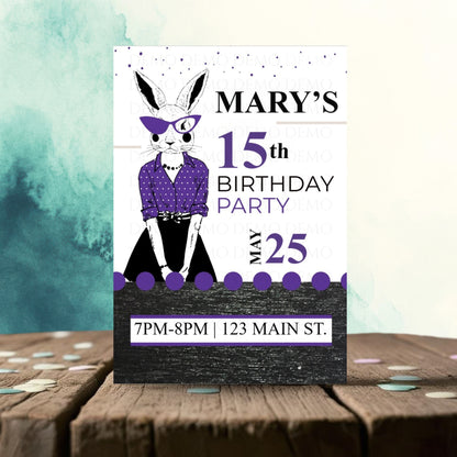 Personalized Milestone Purple Bunny Birthday Invitation