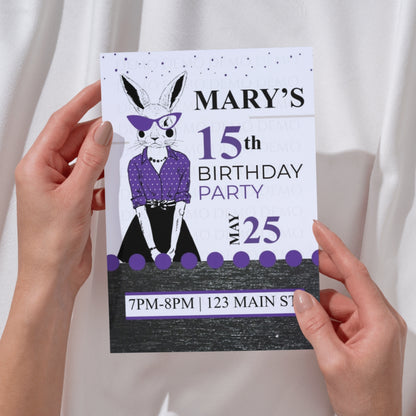 Personalized Milestone Purple Bunny Birthday Invitation