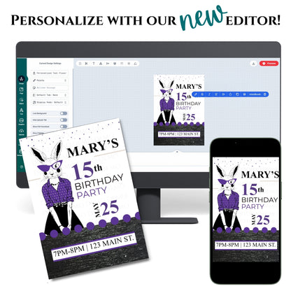 Personalized Milestone Purple Bunny Birthday Invitation