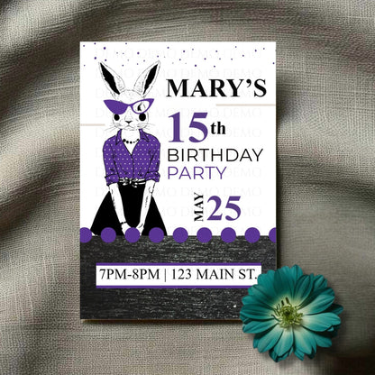 Personalized Milestone Purple Bunny Birthday Invitation