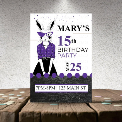 Personalized Milestone Purple Bunny Birthday Invitation