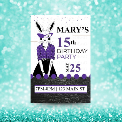 Personalized Milestone Purple Bunny Birthday Invitation