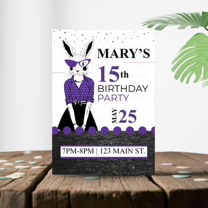 Personalized Milestone Purple Bunny Birthday Invitation
