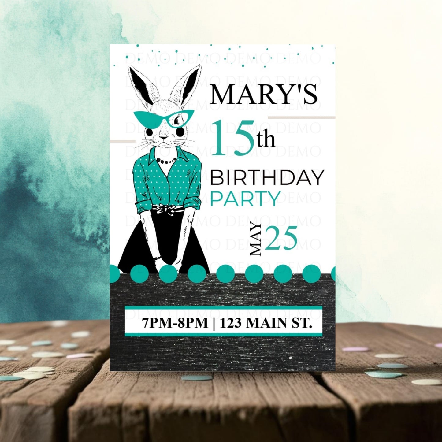 Personalized Milestone Teal Bunny Birthday Invitation