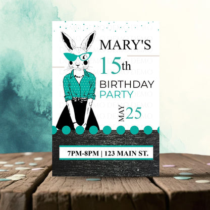 Personalized Milestone Teal Bunny Birthday Invitation