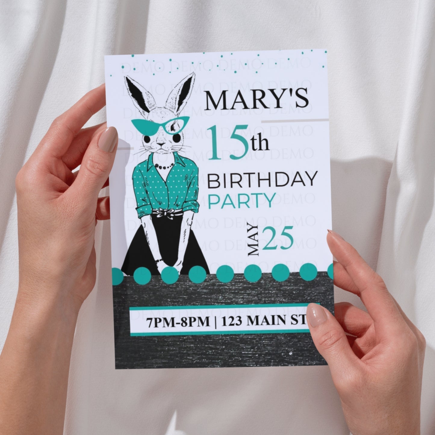 Personalized Milestone Teal Bunny Birthday Invitation