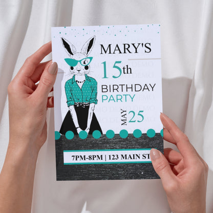 Personalized Milestone Teal Bunny Birthday Invitation