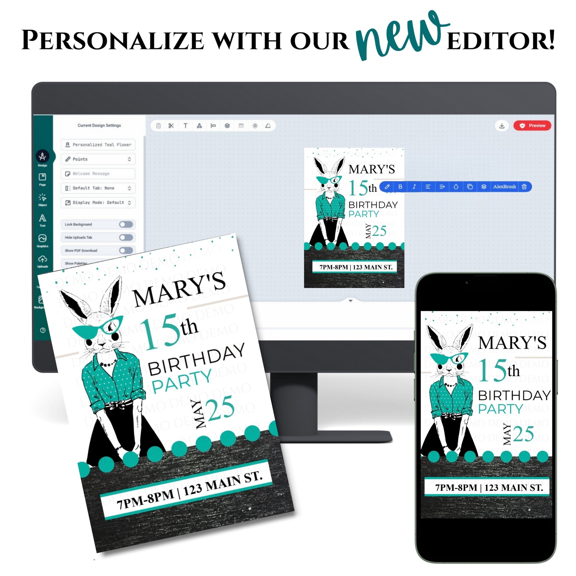 Personalized Milestone Teal Bunny Birthday Invitation