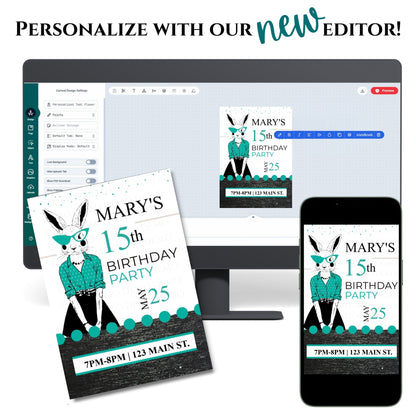 Personalized Milestone Teal Bunny Birthday Invitation