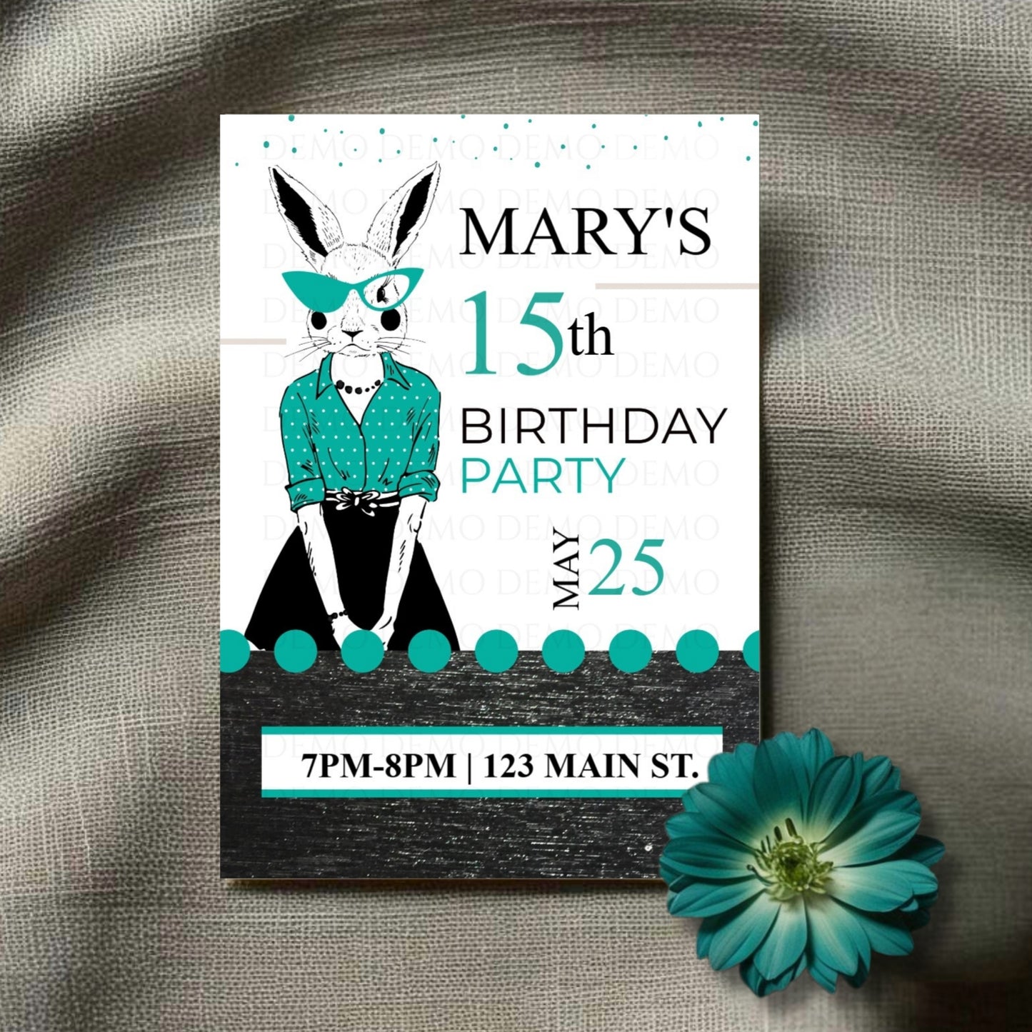 Personalized Milestone Teal Bunny Birthday Invitation