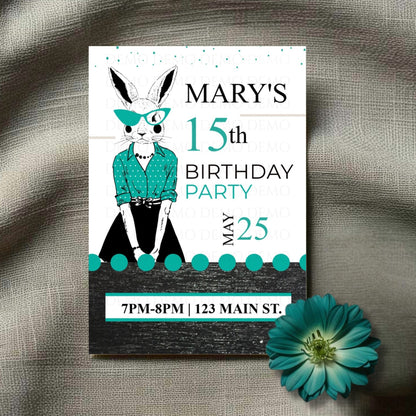 Personalized Milestone Teal Bunny Birthday Invitation