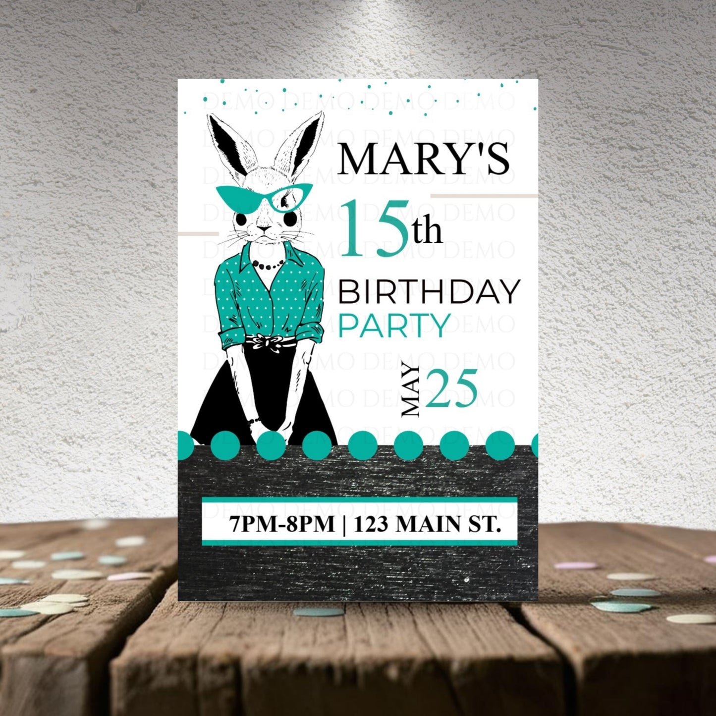 Personalized Milestone Teal Bunny Birthday Invitation