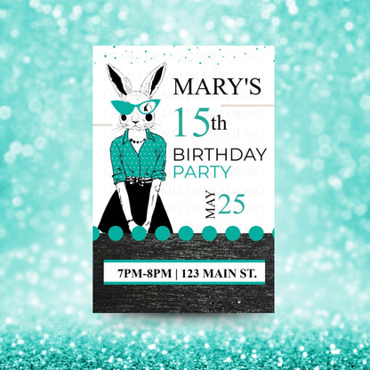 Personalized Milestone Teal Bunny Birthday Invitation