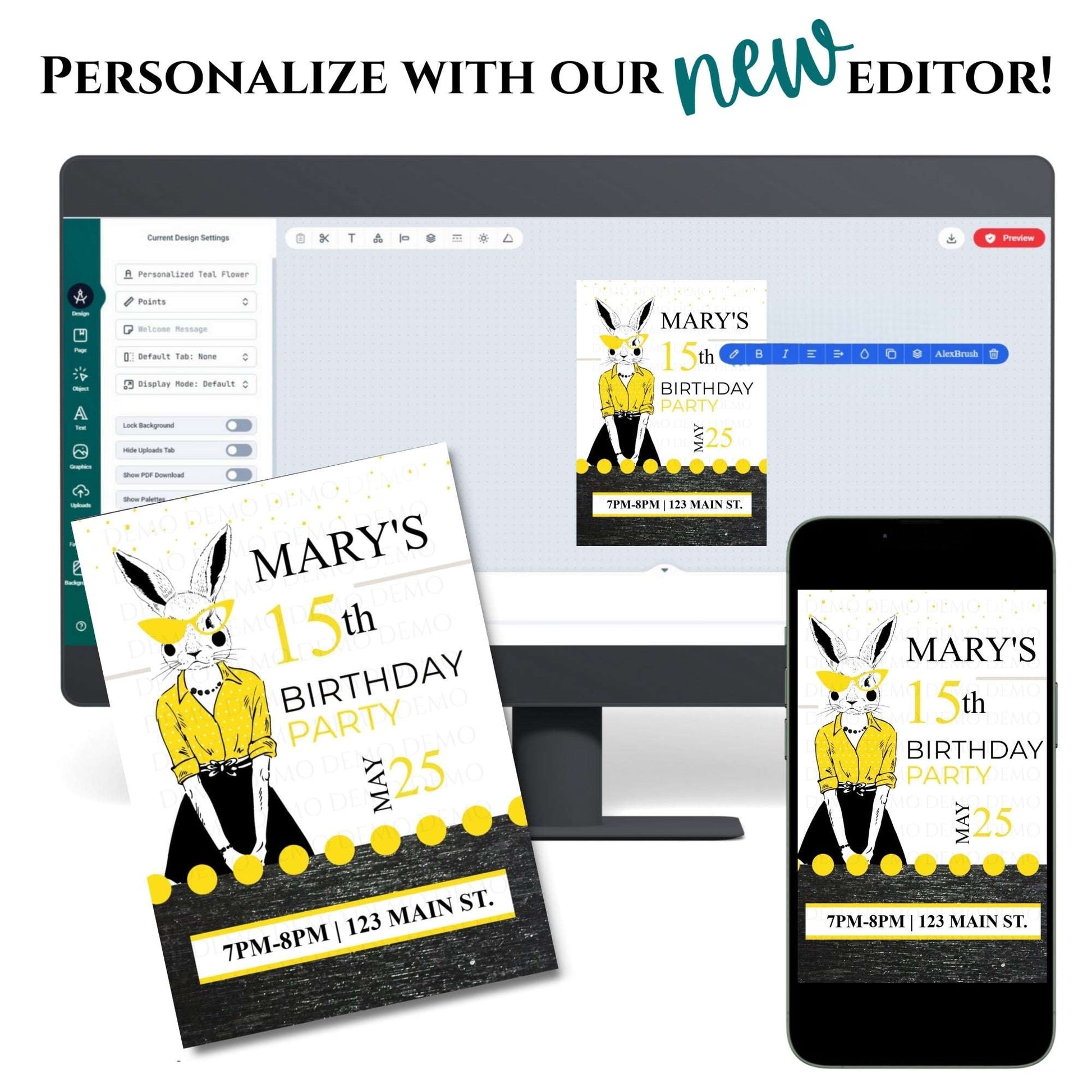 Personalized Milestone Yellow Bunny Birthday Invitation