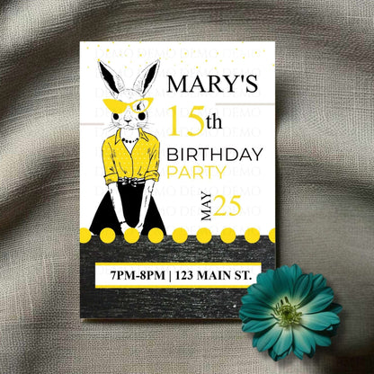 Personalized Milestone Yellow Bunny Birthday Invitation
