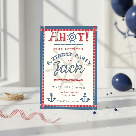 Nautical birthday party invitation with anchors and ropes on a white surface.