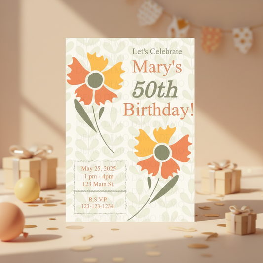 Personalized Orange Floral Milestone Birthday Invitation – Editable Celebration Template