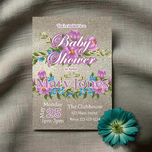 Baby shower invitation with floral design on a textured fabric background